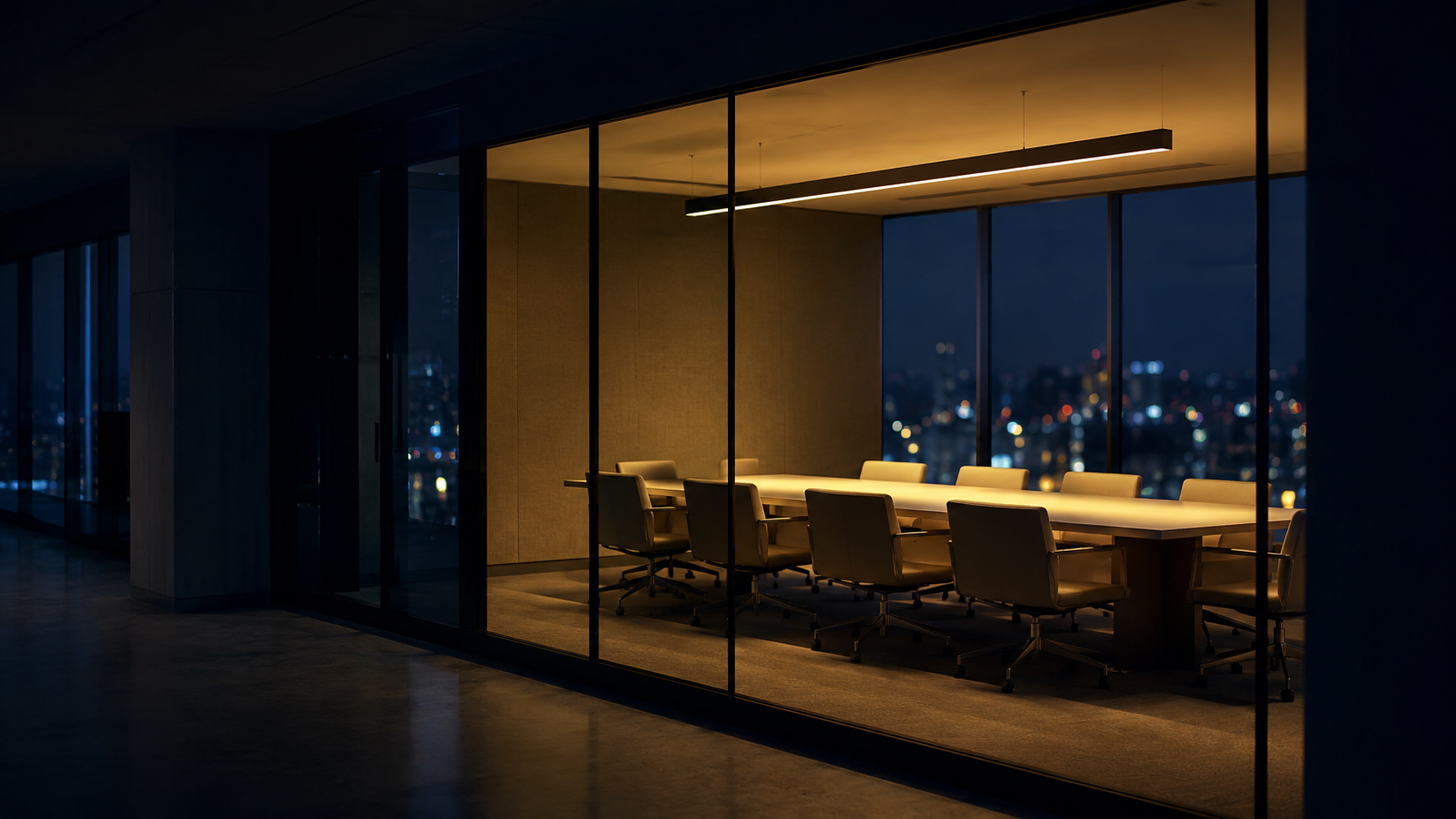 An empty, lit glass-walled conference room seen from a dark corridor at night, the table set and every chair unoccupied.