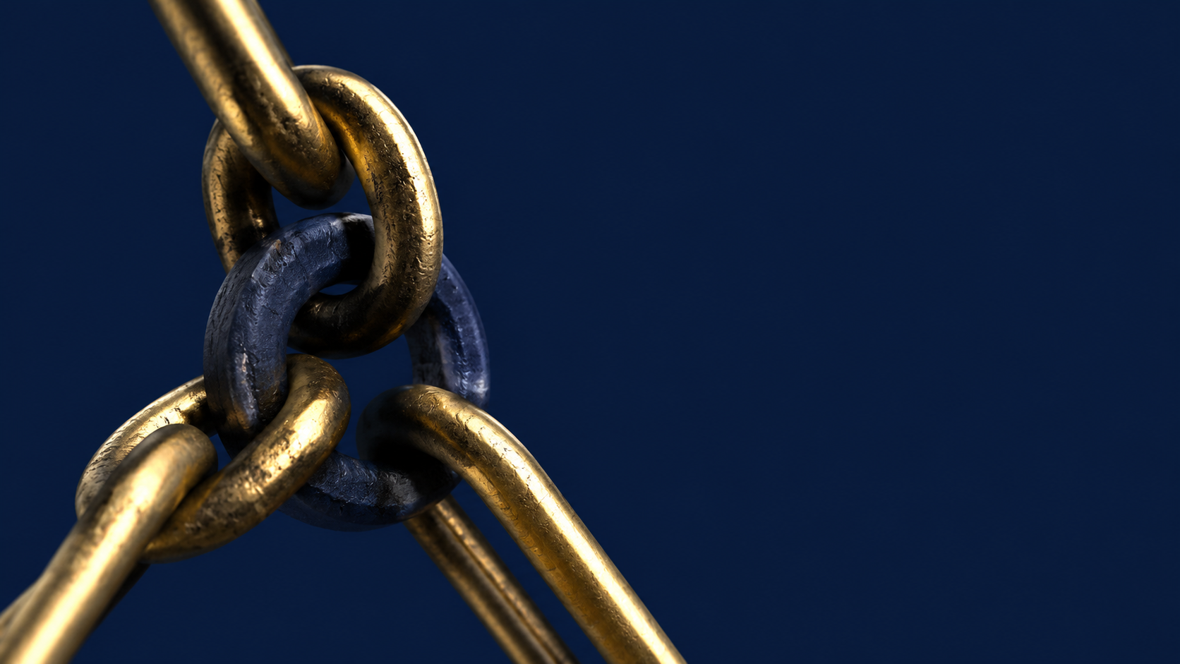 Gold chain strands meeting at darker shared links against a deep navy field, illustrating separate risks running through a common point.