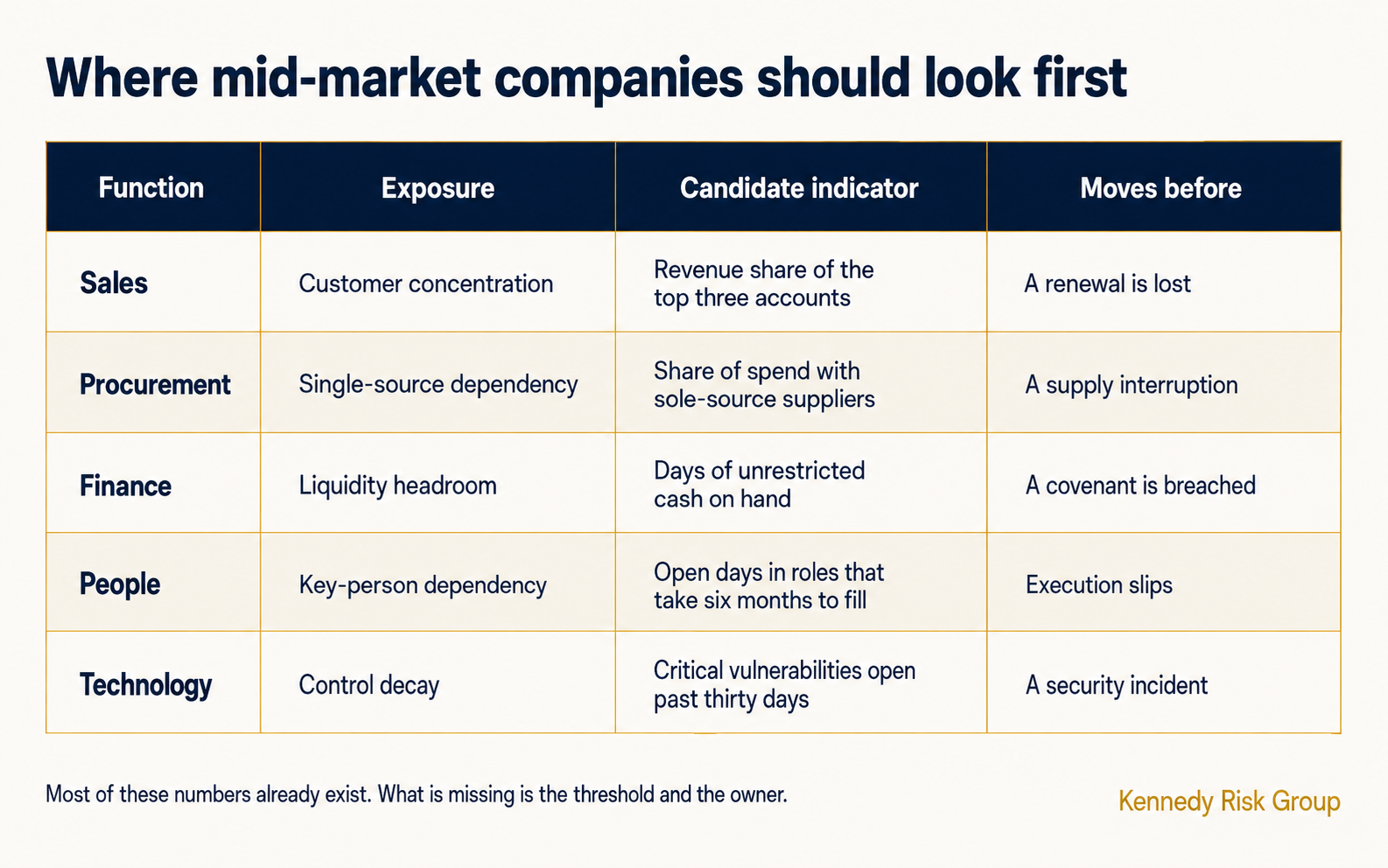 Five candidate risk indicators by function, covering customer concentration, single-source dependency, liquidity headroom, key-person dependency, and control decay, with what each one moves before.