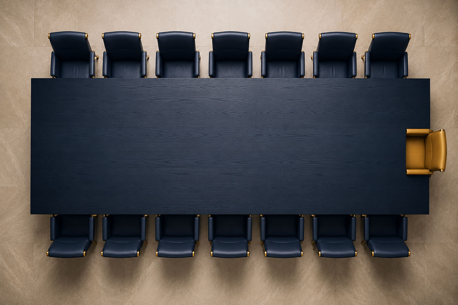 A long boardroom table seen from overhead, lined with identical navy chairs and one gold chair at the head.