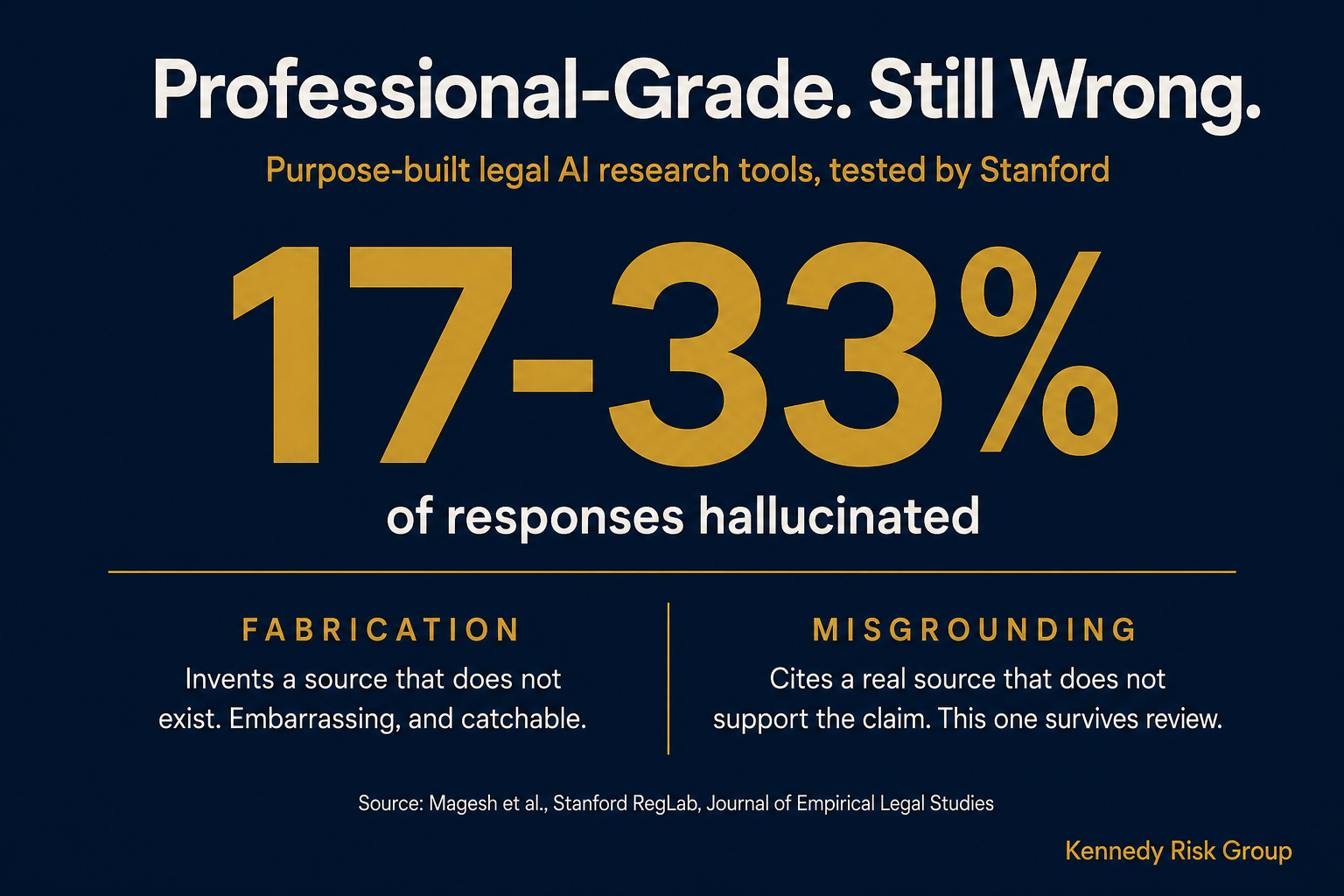 Purpose-built legal AI research tools tested by Stanford hallucinated in 17 to 33 percent of responses, split between fabrication, inventing a source, and misgrounding, citing a real source that does not support the claim.