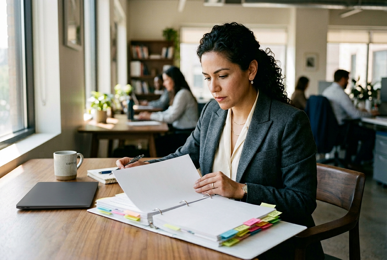 Compliance officer reviewing a binder of regulatory documents in a modern office