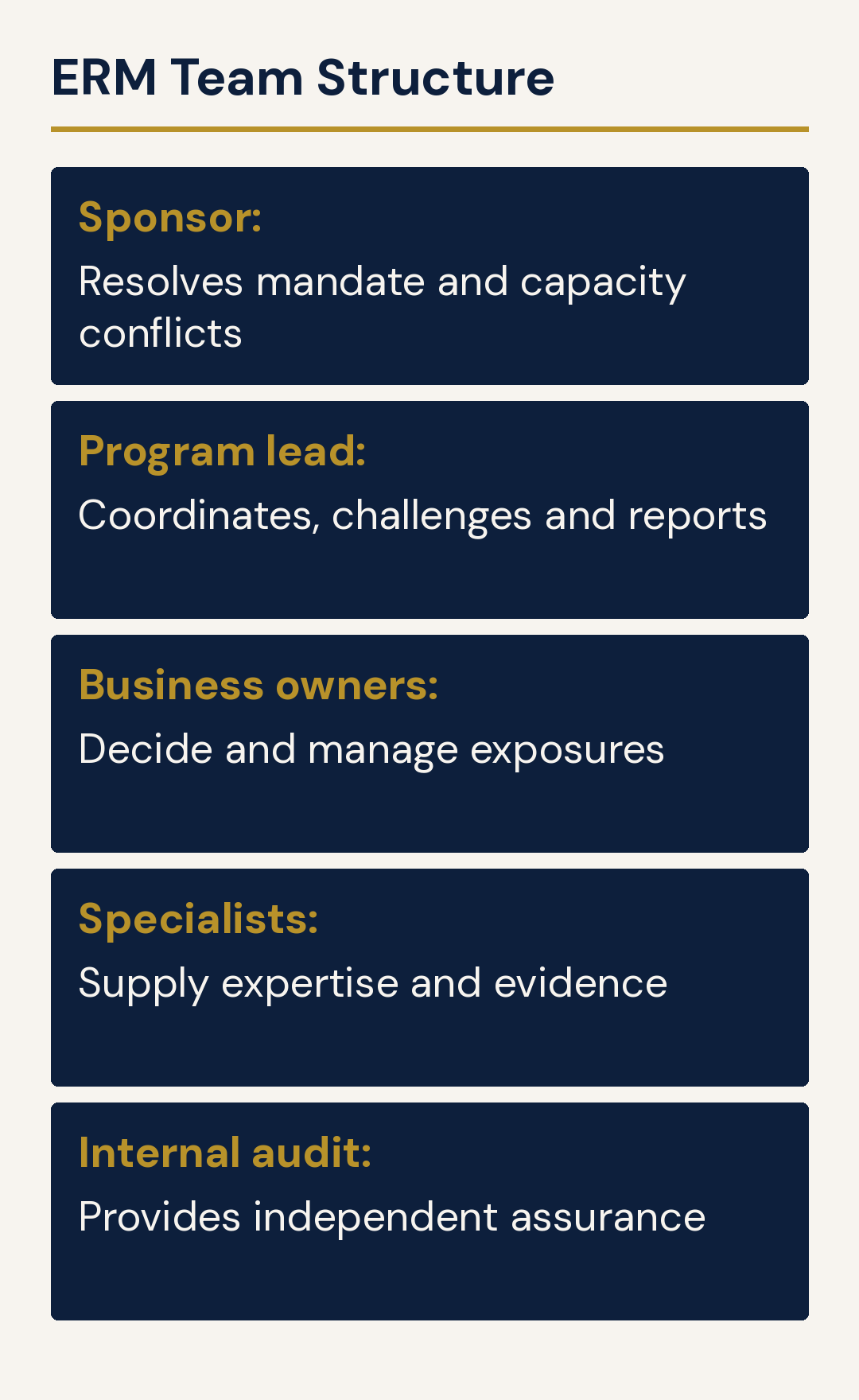 ERM Team Structure. Sponsor: Resolves mandate and capacity conflicts. Program lead: Coordinates, challenges and reports. Business owners: Decide and manage exposures. Specialists: Supply expertise and evidence. Internal audit: Provides independent assurance.
